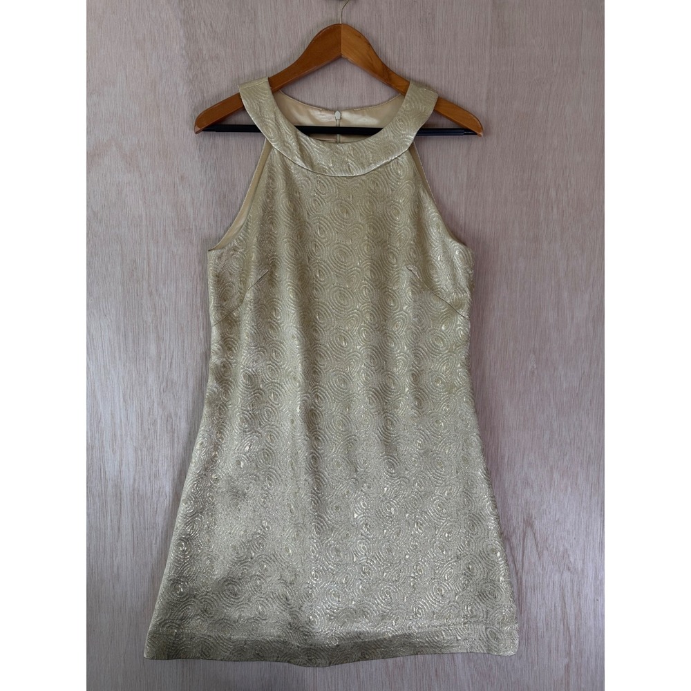 Vintage Gold Metallic Jacquard Halter A-Line Cocktail Dress Swirl Pattern